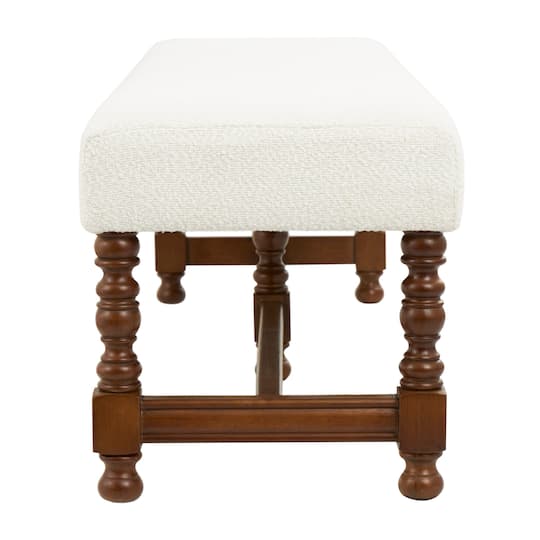 59" Cream Fabric Bench with Brown Traditional Wood Turned Legs